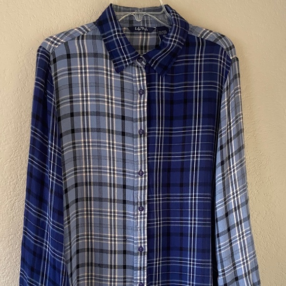 Life Style Tops - Women's Life Style Mixed Blue Plaid Button-Down Shirt, size XL